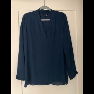 Theory navy blue silk blouse top size large.